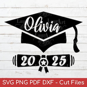 Boné de formatura personalizado e diploma SVG - Chapéu de formatura com nome personalizado - Arquivos de corte para camiseta de formatura de 2025, decalque, caneca - Nome de formatura no chapéu