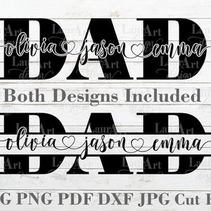 Fête des pères SVG personnalisé papa Split monogramme personnalisé enfants noms fichiers pour autocollant autocollant signe cadeau coeur police T Shirt transfert Sublimation