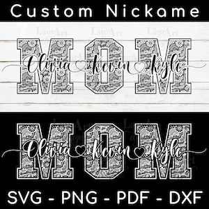 Moederdag SVG - aangepast monogram College lettertype MOM gepersonaliseerde kindernamen hart tekstbestanden voor T-shirt - Varsity Mom Lace MOM kindernamen
