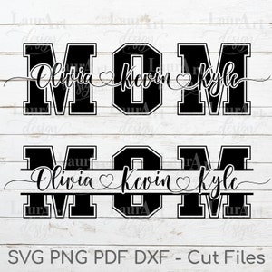 Aangepaste Moederdag SVG Varsity College lettertype Monogram MOM gepersonaliseerde kinderen namen hart tekstbestanden voor T-Shirt Board verjaardagscadeau voor moeder