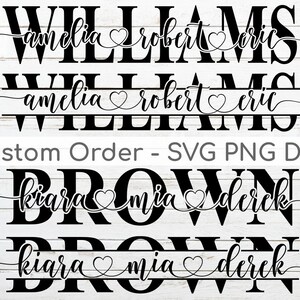 Aangepaste Monogram Achternaam met Familieleden SVG - Gepersonaliseerd tekstlettertype met hartjes - Parennamen voor bruiloft / jubileumuitnodiging