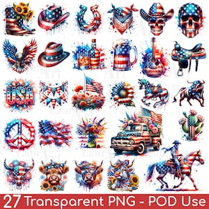 Occidental 4 de julio Clipart Día de la Independencia PNG Camión Americano Bandera de EE.UU. Águila Botas Florales Clip Art Patriótico Sombrero de Vaquero Cráneo Vaca Highland