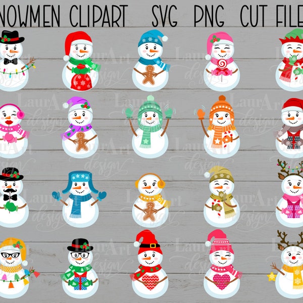 Snowmen Clipart SVG PNG Bundle, Christmas Set of 20 Cut Files, Winter Sublimation Digital files for crafts