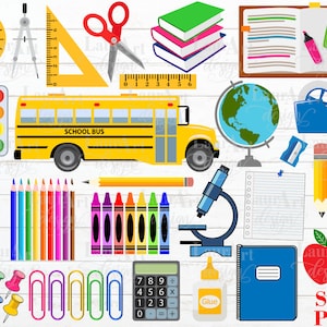 Zurück zu Schule Clipart-Set SVG Lieferungen Büro Schreibwaren Buntstifte Bleistift Apfel Aquarell Buch Stapel Bus Erde Globus Lehrerbildung Dateien