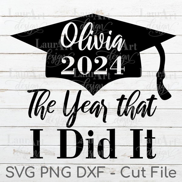Personalized Graduation Cap SVG - Custom Name Graduate Hat - Cut files for Grad T-Shirt, Decal Sticker Mug PNG - 2024 The Year That I Did It