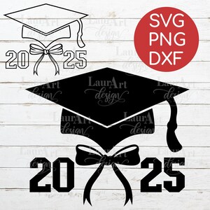 Birrete de graduación SVG - Birrete de graduación con lazo - Birrete de graduación 2025 láser DXF - Camiseta con gorro de graduación PNG - Contorno de birrete de graduación 2025 - Lazo de birrete de graduación