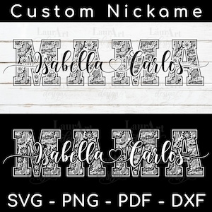 Muttertag SVG Benutzerdefinierte Monogramm College Schriftart MAMA personalisierte Kindernamen Herz Text - Datei für T-Shirt - Varsity Mama Lace MAMA Kindernamen