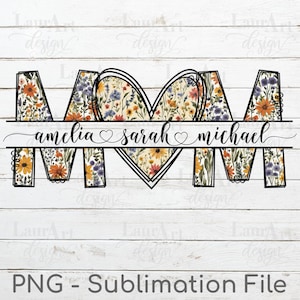 Monograma de mãe personalizado com nomes de crianças, coração floral, vintage, flores silvestres, patchwork, presente de dia das mães, presente personalizado de dia dos namorados