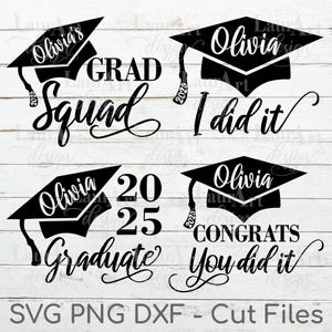 Benutzerdefinierte Graduation Squad SVG Bundle, Glückwunsch, du hast es bestanden, personalisierter Name in Cap, 2025 bestanden, Abschluss-T-Shirt Druck, grad Squad