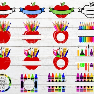 Apple y útiles escolares Monograma SVG Regreso a la escuela 2022 Faja dividida Lápices de colores Crayones Marcador Nombre personalizado Niño Maestro Cortar archivos