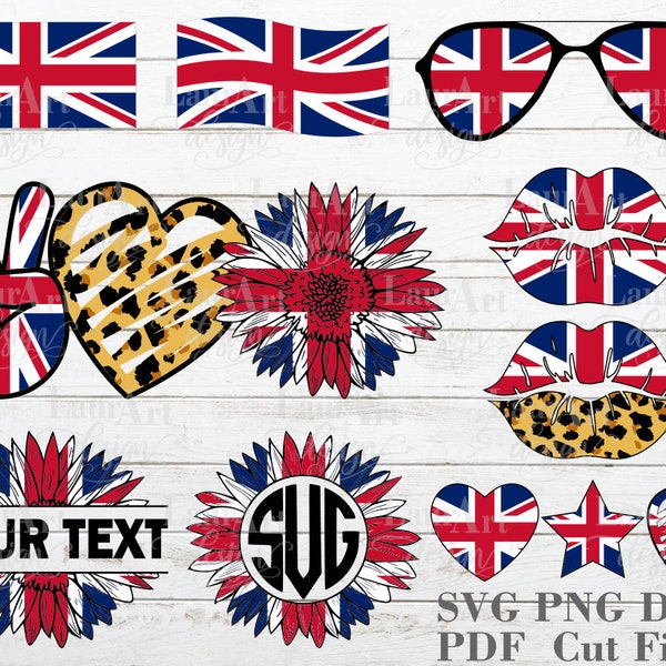 Union Jack SVG Bundle UK Flag Lunettes de soleil patriotiques britanniques Lèvres Cœur Paix Signe d’amour Tournesol Monogram Fichiers pour transfert Sublimation PNG