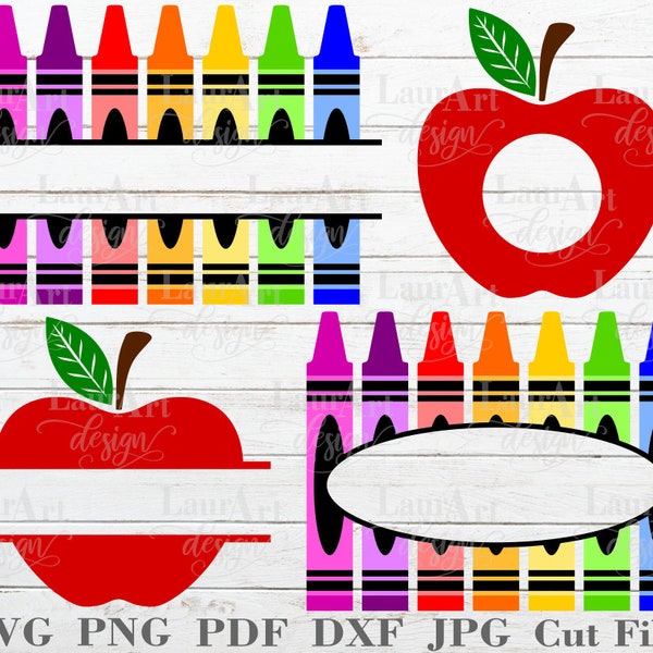 Crayons Apple Monogram SVG Back To School 2021 Split Custom Personalized Name Kids Teacher Files For Decal Vinyl Sticker Sign Print Notebook