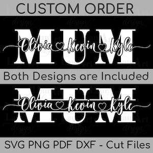 英国母の日 SVG カスタム スプリット モノグラム MUM パーソナライズされた子供の名前 筆記体ハート テキスト カット ファイル T シャツ転写ボード用 お母さんへのギフト