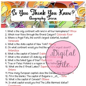 Geography Trivia//Fun Quiz//Printable Trivia//Classroom Trivia