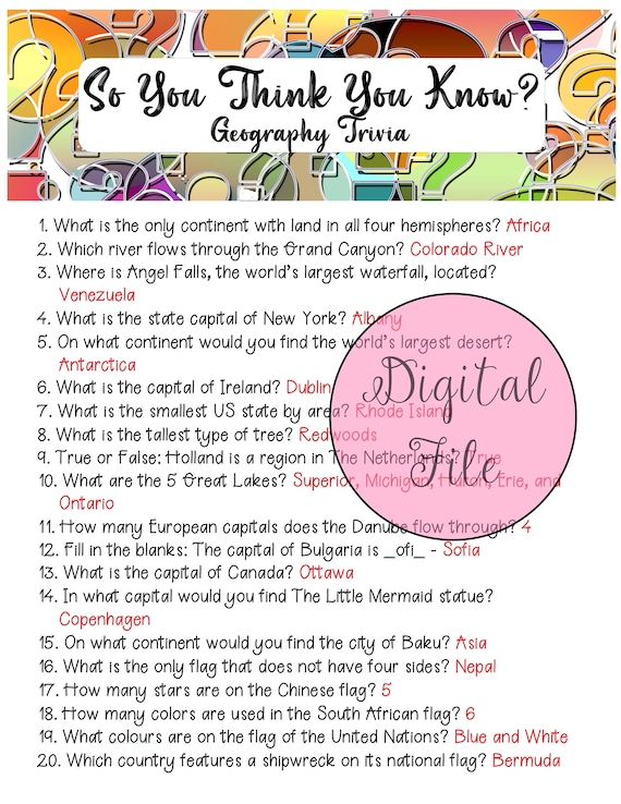Geography Trivia//fun Quiz//printable Trivia//classroom Trivia Etsy