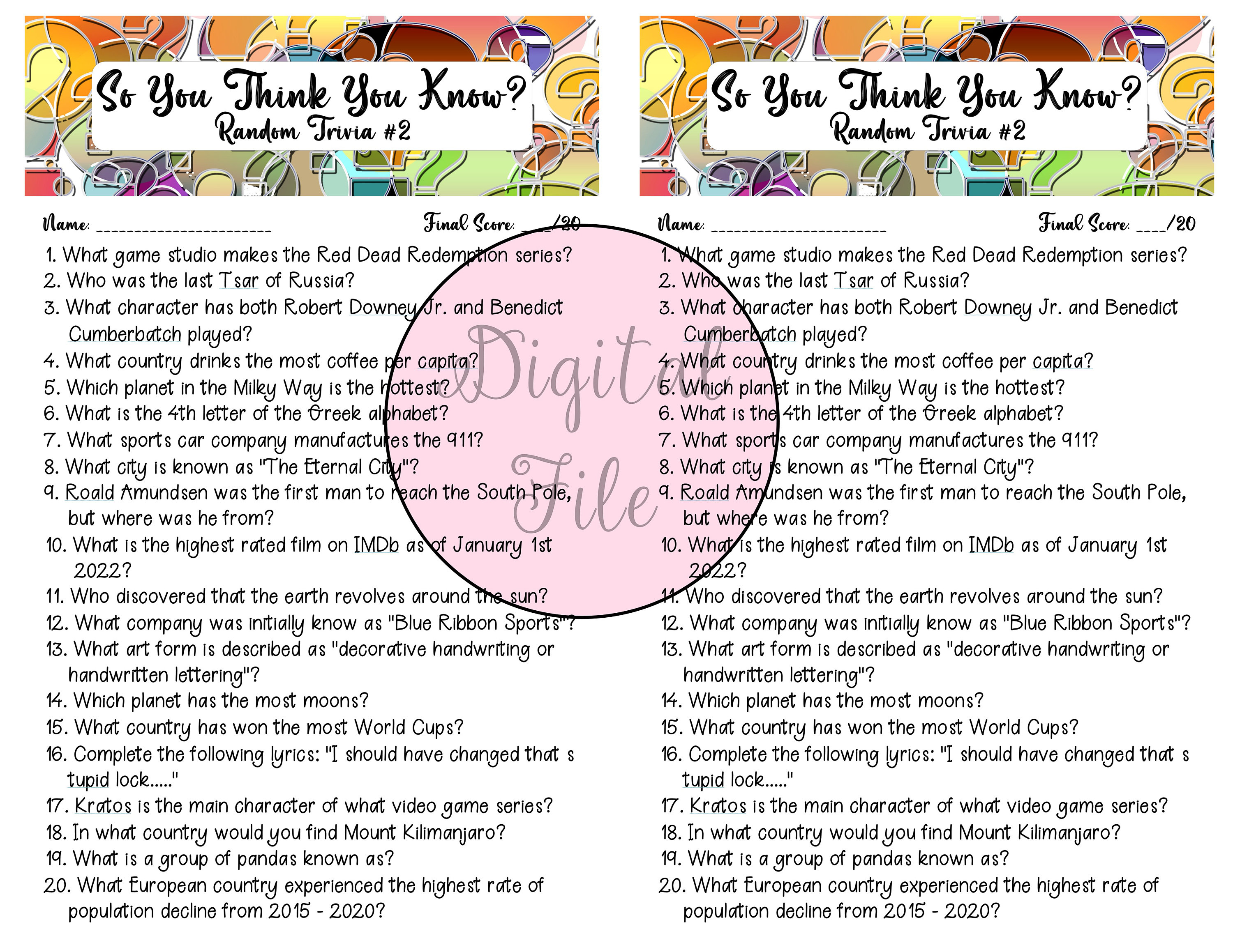 Random Trivia #2//fun Quiz//printable Trivia//random Trivia - Etsy