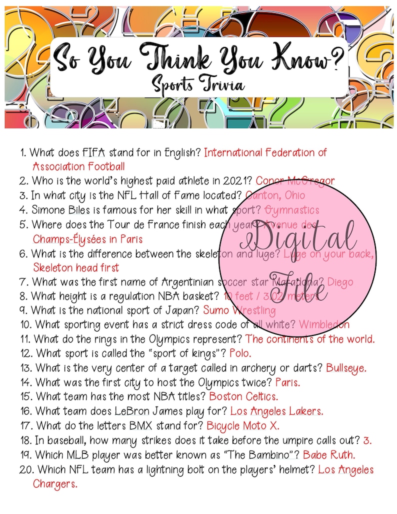 Sports Trivia//fun Quiz//printable Trivia//classroom Trivia - Etsy