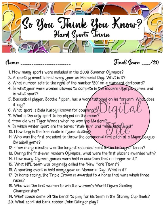 Hard Sports Trivia//fun Quiz//printable Trivia//classroom Etsy