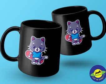 Cute Skateboarding Cat holding a skateboard graphic mug design