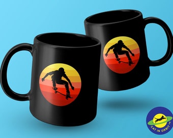 Extreme skateboarder flying in front of retro vintage sunset graphic Mug design