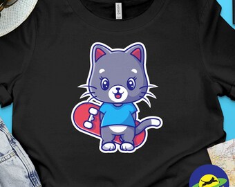 Cute Skateboarding Cat holding a skateboard graphic design