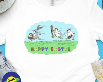 Happy Easter Bunny and Chicken Cartoon T-Shirt, Fun Easter Egg Hunt Tee, Spring Festival Family Apparel, Kids and Adults