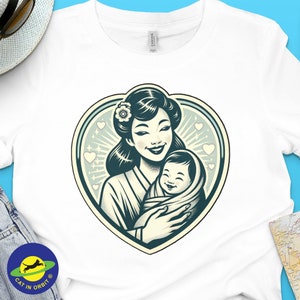Japanese Vintage Mother Love Graphic T-Shirt, Retro Mom and Baby Heart Tee, Unique Mother&#39;s Day Gift