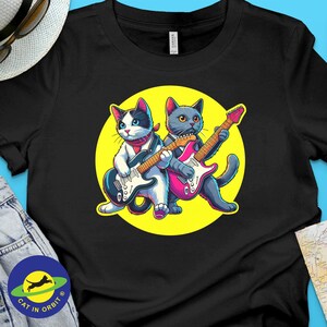 Cute Cats with Electric Guitars, Animal Lover T-Shirt, Rock Band Cats Tee, Cool Graphic Cat Music T-Shirt, rock and roll