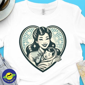 Chinese mother, Vintage Mother and Child Heart T-Shirt, Retro Family Love Graphic Tee, Unique Mother&#39;s Day Gift idea