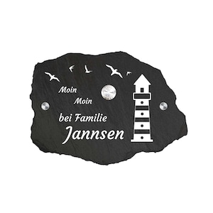 Personalized plate sign made of slate with stainless steel push button.