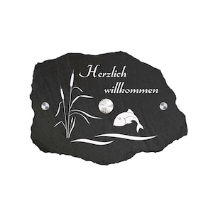 Personalized plate sign made of slate with stainless steel push button.