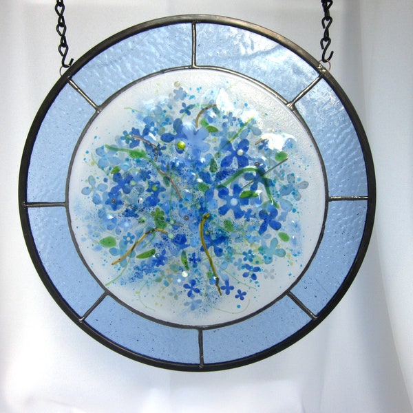 blue hydrangea in round stained glass window, roundel fused glass medallion set in traditional leaded glass, heirloom quality, ready to hang