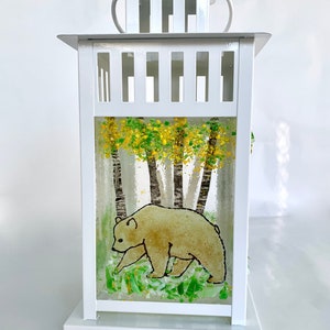 Bear in a birch forest fused glass lantern, hand painted and one of a kind, great for a cabin or cottage, one of a kind kiln fired glass