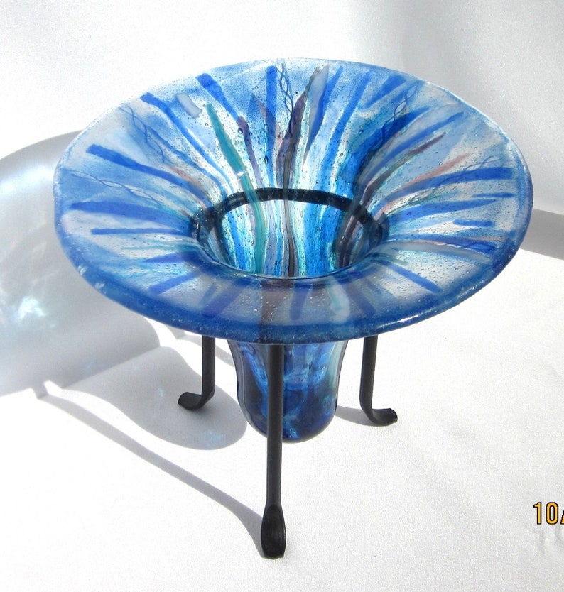 Blue Glass Vase In Metal Stand Hand Crafted Art Glass Vase Etsy