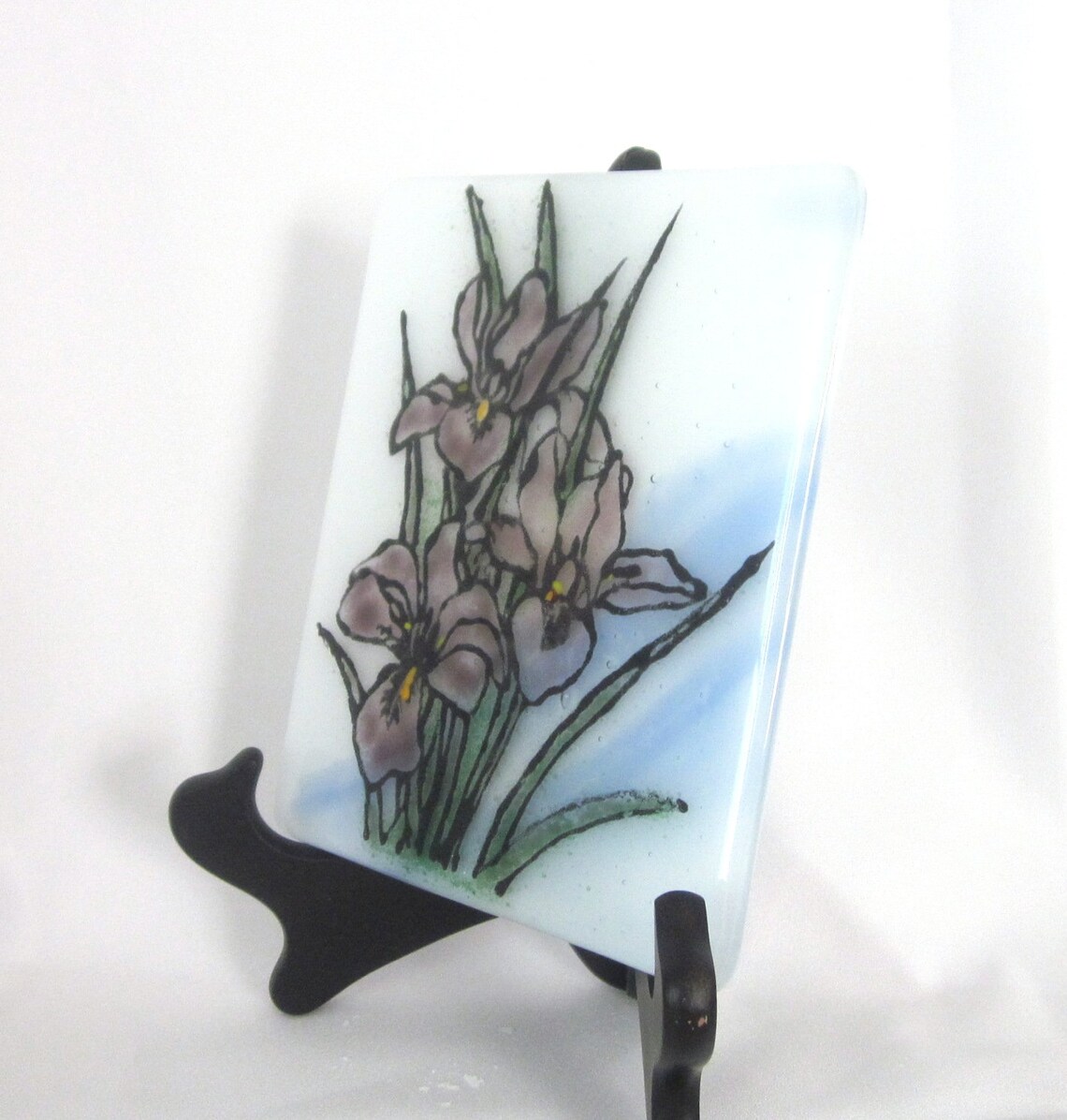 Fused Glass Tile Hand Painted Iris Panel Purple Irises Against Etsy