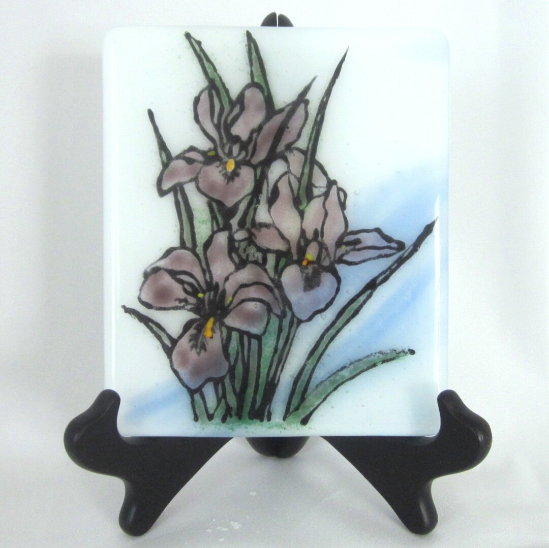 Fused Glass Tile Hand Painted Iris Panel Purple Irises Against Etsy