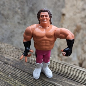 May include: A wrestling action figure with brown hair, a bare chest, black wristbands, pink shorts, and white boots. The figure is posed with its arms outstretched.