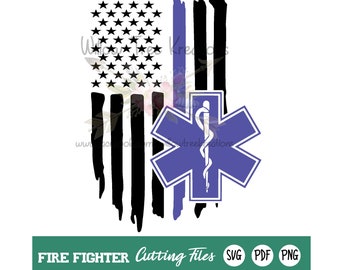 May include: A distressed American flag with a blue medical symbol, a single blue stripe, and the text "FIRE FIGHTER Cutting Files SVG PDF PNG".