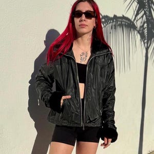 Vintage Y2K Black Coat with Fur Trim, 90s &quot;Spoiled Girl&quot; Bomber Style Jacket with Faux Fur, 2000s Nylon Winter Coat for Women