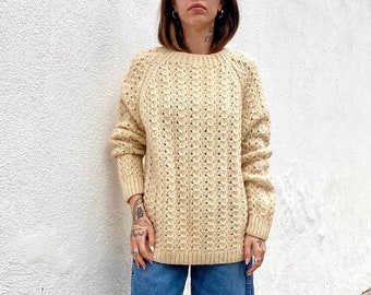 Vintage Cable Knit Wool Sweater, Hand Knit Cream Fisherman Sweater, Wool Jumper, Womens Handmade Oversized Pullover Sweater