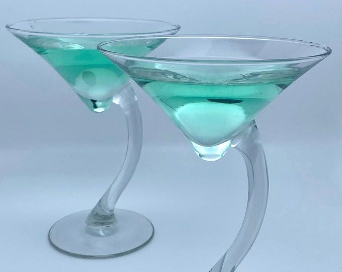 80s Curved Stem Martini Glasses Set of Two, Squiggle Stem Medium Cocktail Glasses, Vintage