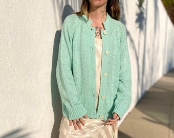 Vintage 60s Chunky Cardigan, Vintage Sweater, Vintage Jumper, Sea Foam Green Vintage Cardigan, Slouchy Knit Cardigan, Womens Sweater