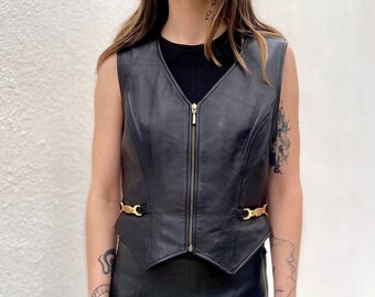 Vintage Black Leather Motorcycle Vest, Cache Leather Vest, Fitted Leather Vest with Zipper, Tight Biker Babe Vest, Size XS