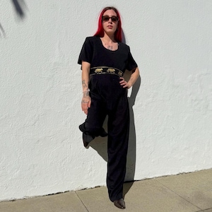 Vintage 80s/90s Black Jumpsuit with Embroidered Tigers, 1990s Pantsuit, Womens Vintage Romper, Vintage Clothing, Retro Jumpsuit with Belt, S