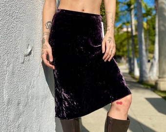 Vintage 90s Velvet Skirt, 1990s SILK Crushed Velvet Skirt, Vintage Midi Skirt,  Purple Silk Skirt, Winter Skirt, Vintage Skirt, Size 4