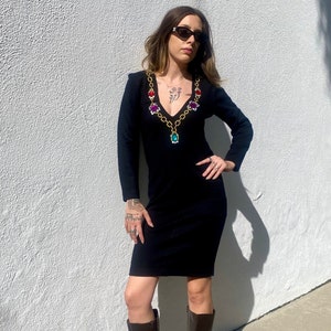 Vintage 90s Black Dress with Faux Gemstones, Little Black Dress, Vintage Dress, Black Party Dress, Long Sleeve Bodycon Dress, Size Small/Med