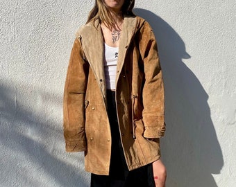 Vintage 90s Brown Suede Leather Parka, 1990s Oversized Leather Hooded Trench, Genuine Leather, Drawstring Cinch Waist, Vintage BB Dakota, M