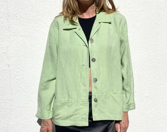 Vintage 90s Linen Jacket, Lime Green Top, Boxy Linen Shirt, Minimalist Boxy Shacket, Sustainable Womens Shirt-Jacket, Size Medium