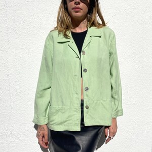 Vintage 90s Linen Jacket, Lime Green Top, Boxy Linen Shirt, Minimalist Boxy Shacket, Sustainable Womens Shirt-Jacket, Size Medium image 1