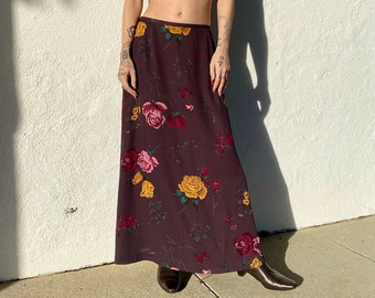 NOS Vintage 90s Floral Print Maxi Skirt, Dark Brown Maxi Skirt, Rose Print Long Skirt, Vintage Skirt, Romantic Skirt, Waist 27"